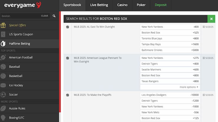 Odds display from Everygame, a major player in New Hampshire online sportsbooks.
